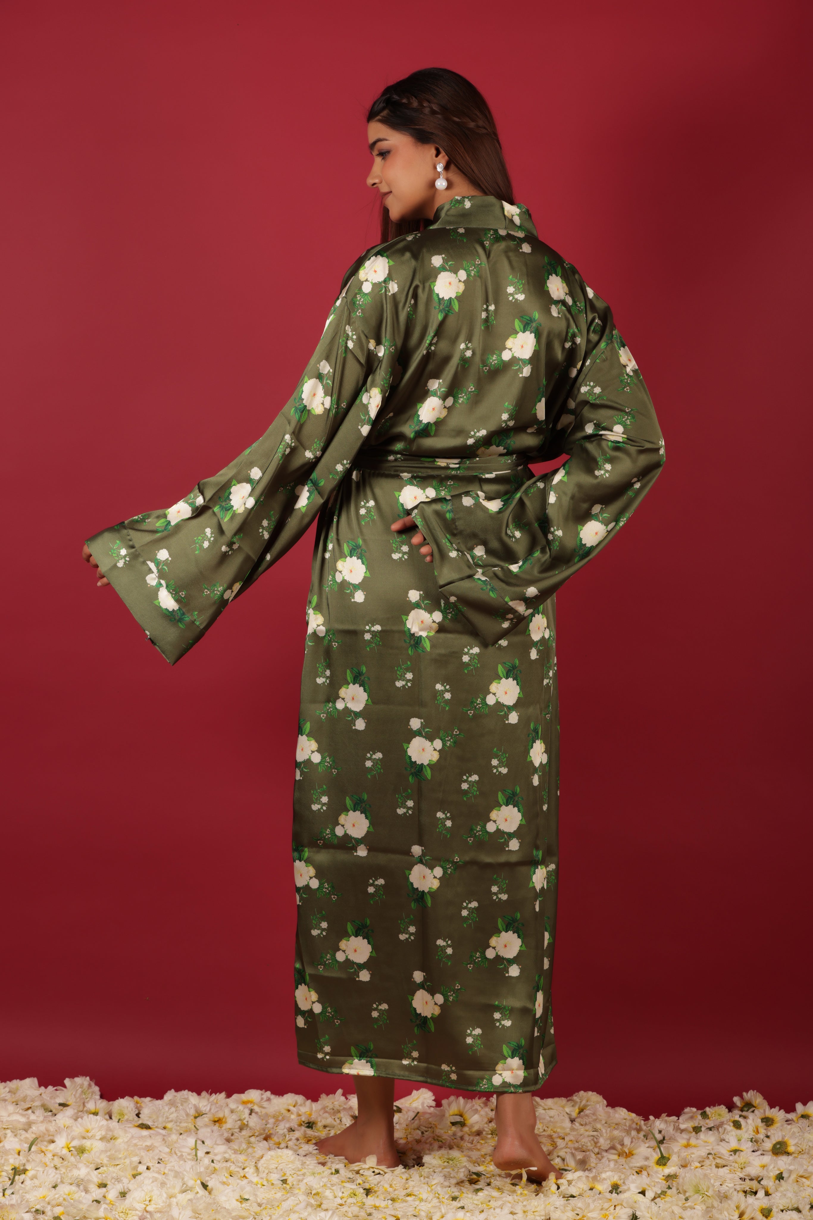 Long Floral Printed Dark Green Satin Sleepwear Kimono Robe